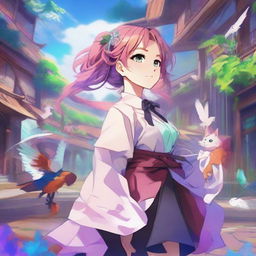 Create a digital anime art piece featuring a vibrant and dynamic scene with characters in a fantasy setting