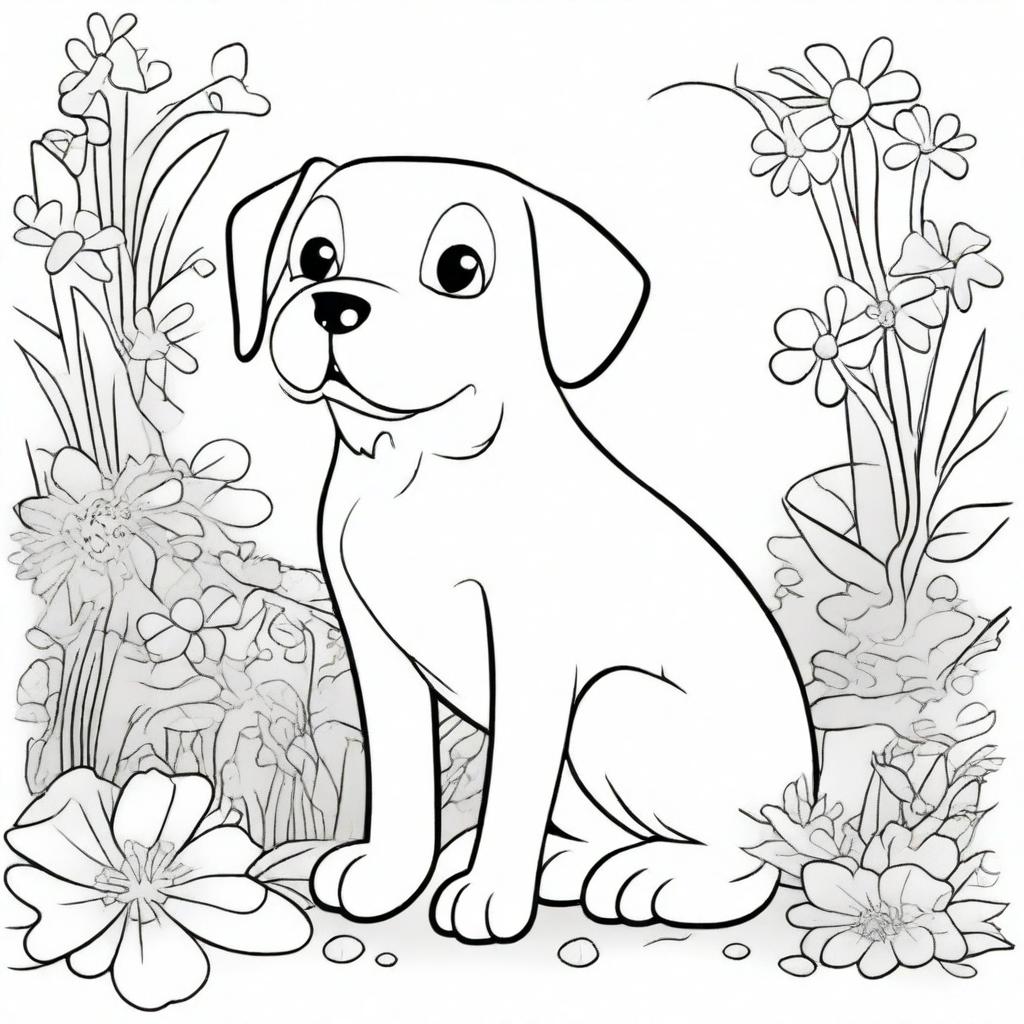 A detailed black and white coloring book page featuring a cute and playful dog in an outdoor setting