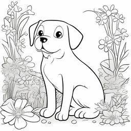 A detailed black and white coloring book page featuring a cute and playful dog in an outdoor setting