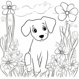 A detailed black and white coloring book page featuring a cute and playful dog in an outdoor setting