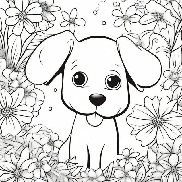 A detailed black and white coloring book page featuring a cute and playful dog in an outdoor setting