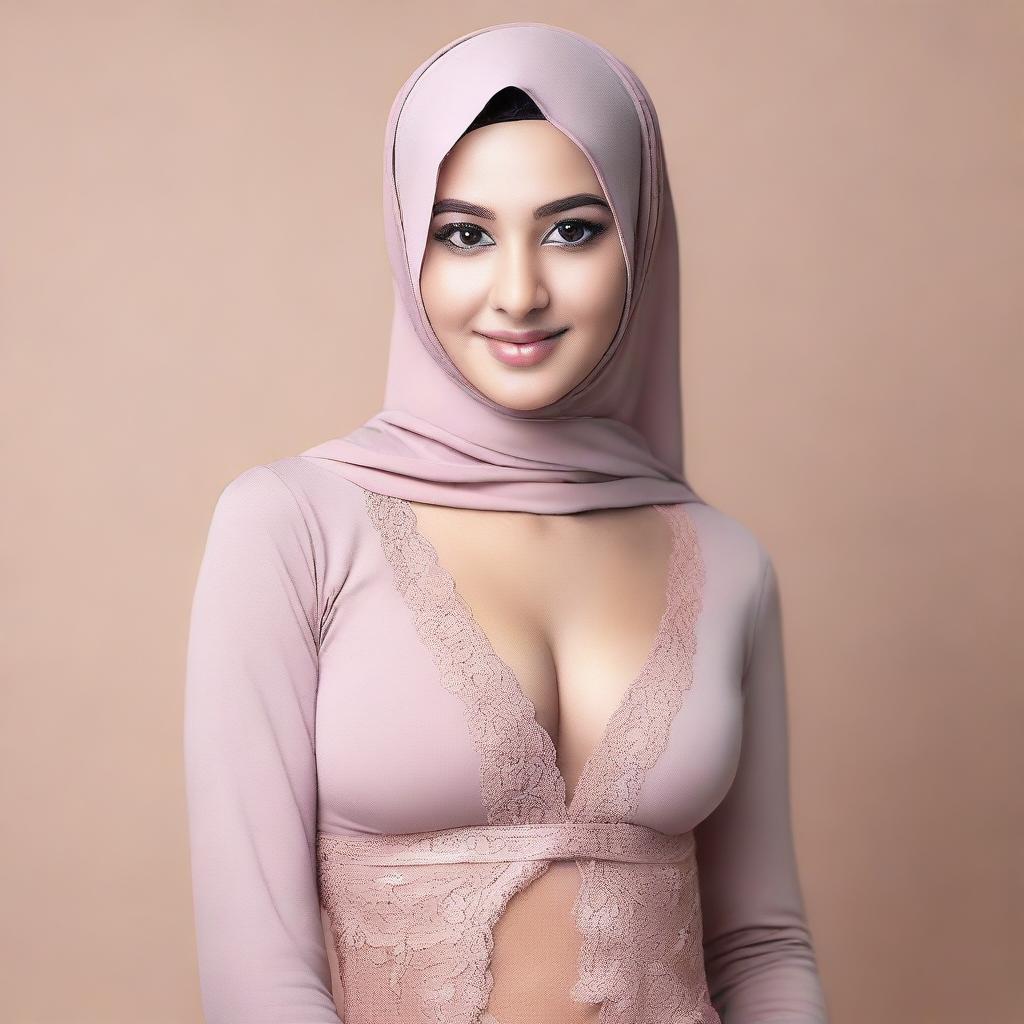 A young, 20-year-old woman wearing a jilbab, modeling lingerie with confidence and grace