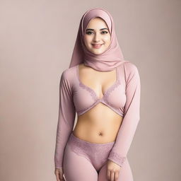 A young, 20-year-old woman wearing a jilbab, modeling lingerie with confidence and grace