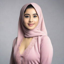 A young, 20-year-old woman wearing a jilbab, modeling lingerie with confidence and grace