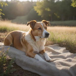 A photorealistic, mystical dog nestled in a serene natural landscape, bathed in the morning sunlight