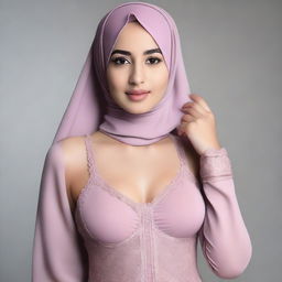 A young, 20-year-old woman wearing a jilbab, modeling lingerie with confidence and grace