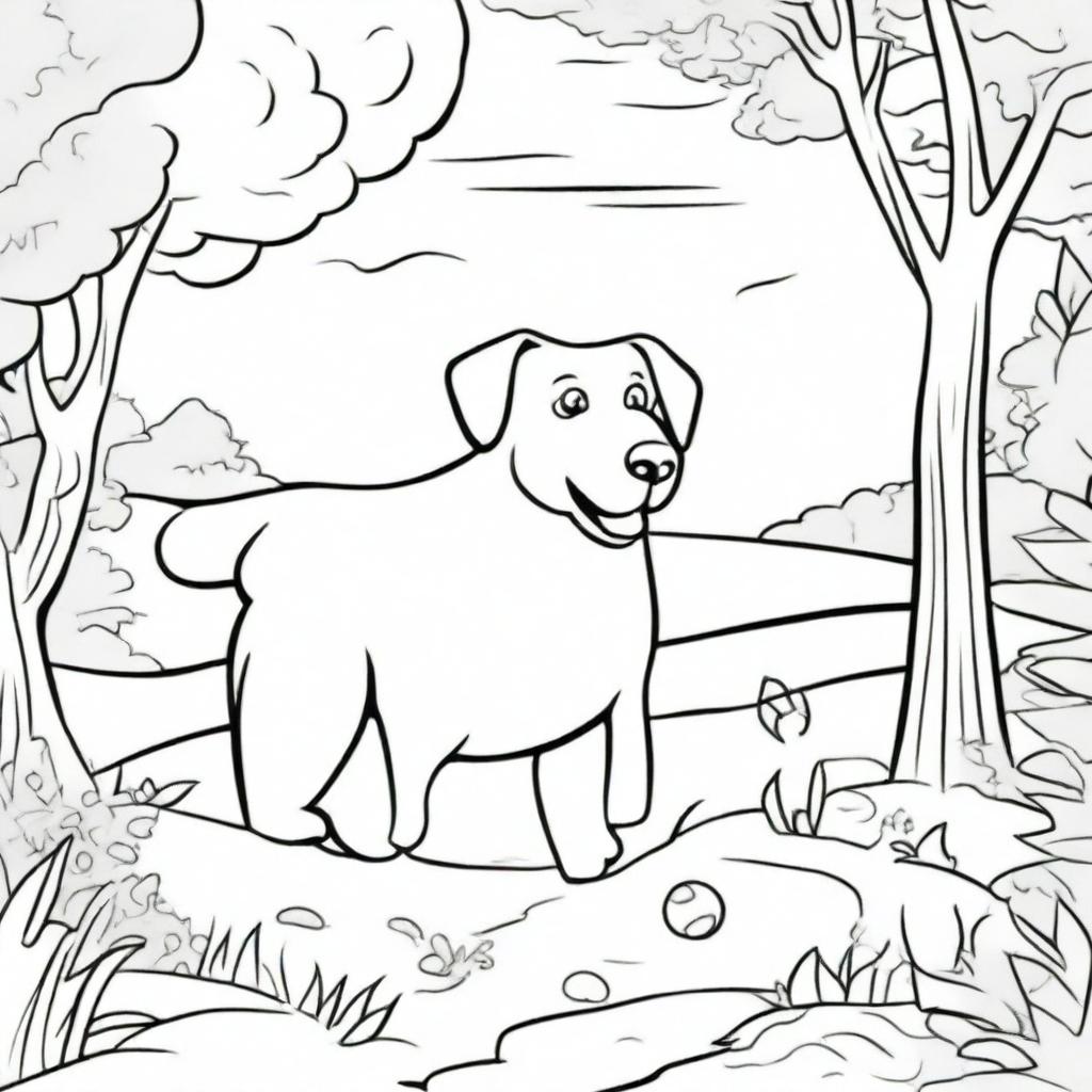 A detailed black and white illustration for a coloring book page, featuring a playful dog in an outdoor setting