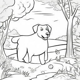 A detailed black and white illustration for a coloring book page, featuring a playful dog in an outdoor setting