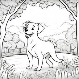 A detailed black and white illustration for a coloring book page, featuring a playful dog in an outdoor setting