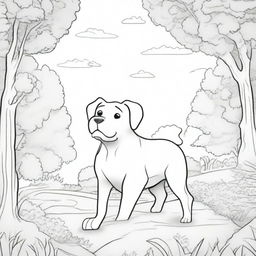 A detailed black and white illustration for a coloring book page, featuring a playful dog in an outdoor setting