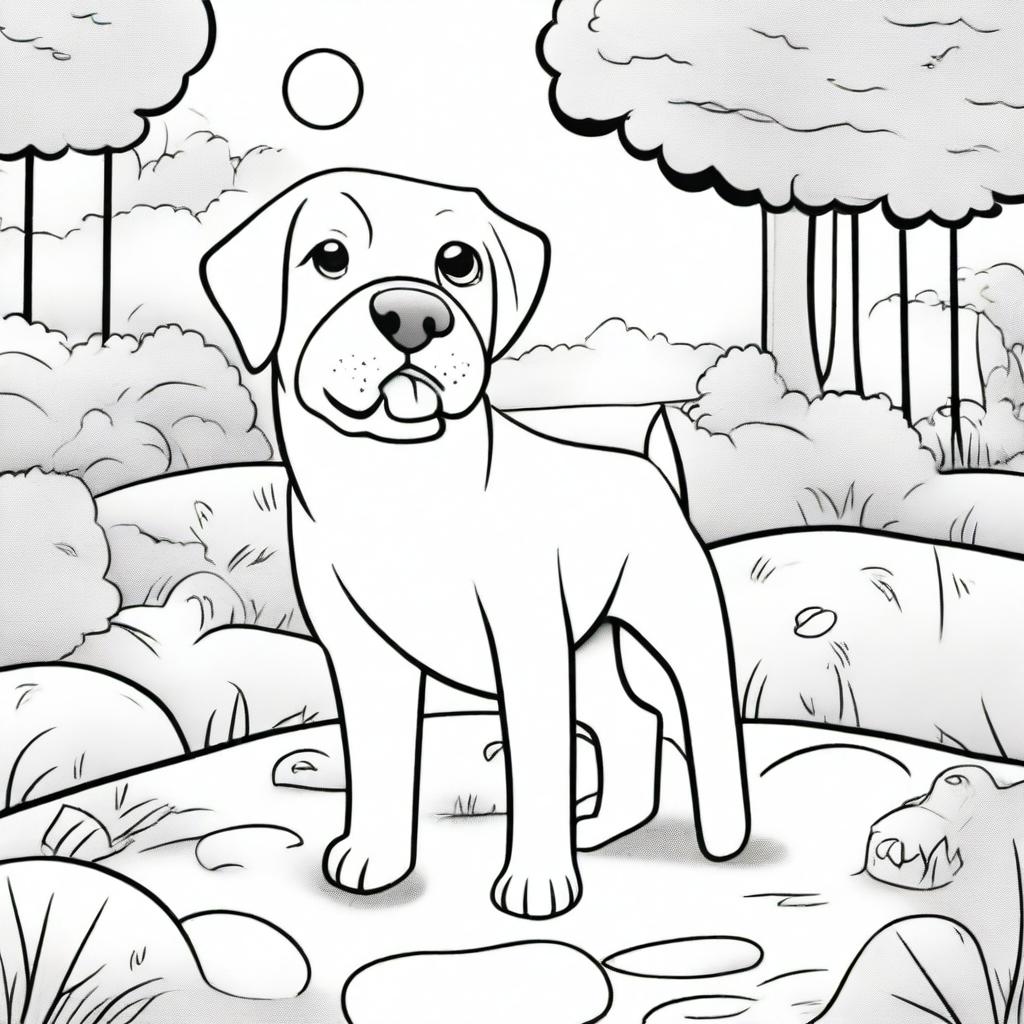 A detailed black and white illustration for a coloring book page, featuring a playful dog in an outdoor setting