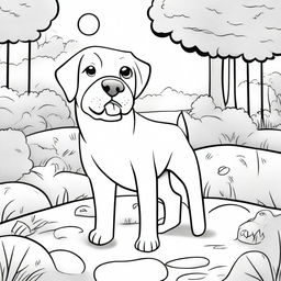 A detailed black and white illustration for a coloring book page, featuring a playful dog in an outdoor setting