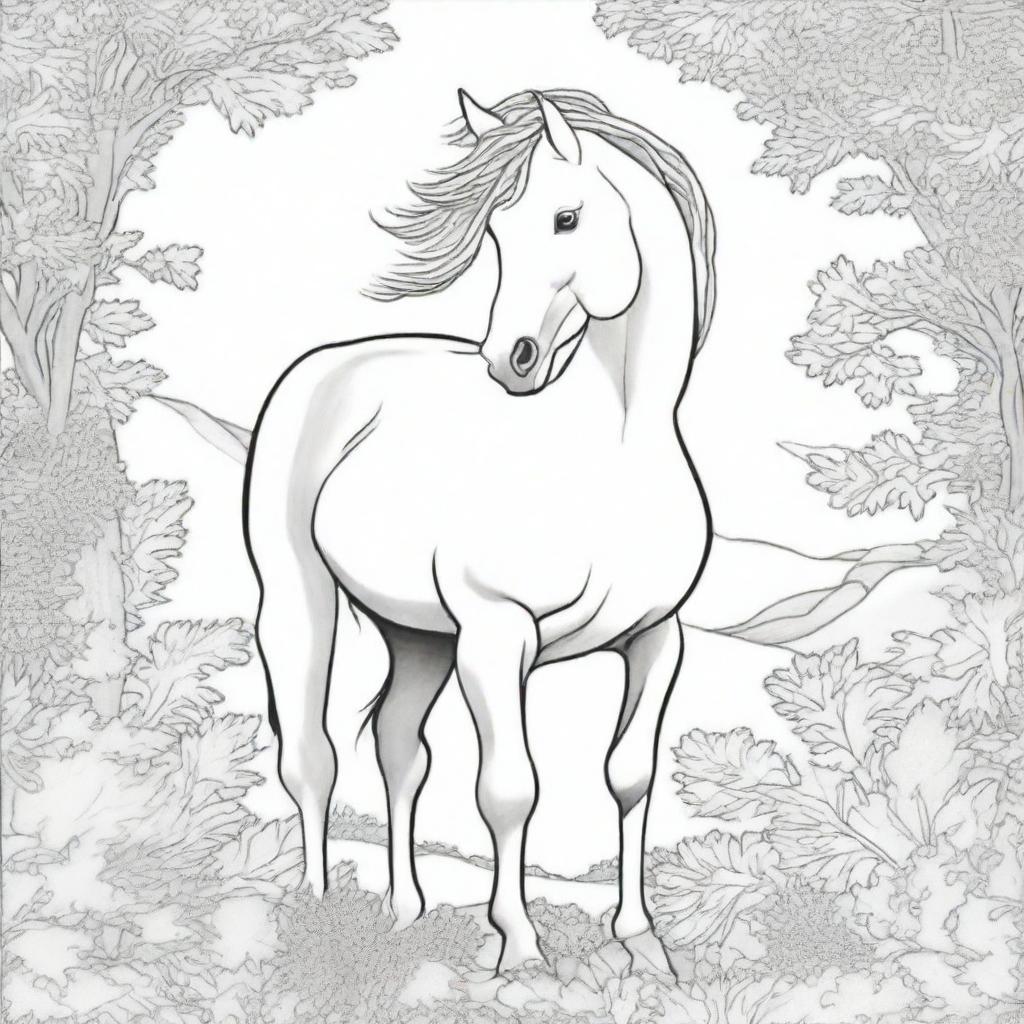 A detailed black and white illustration of a horse for a coloring book page