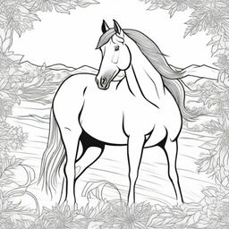 A detailed black and white illustration of a horse for a coloring book page