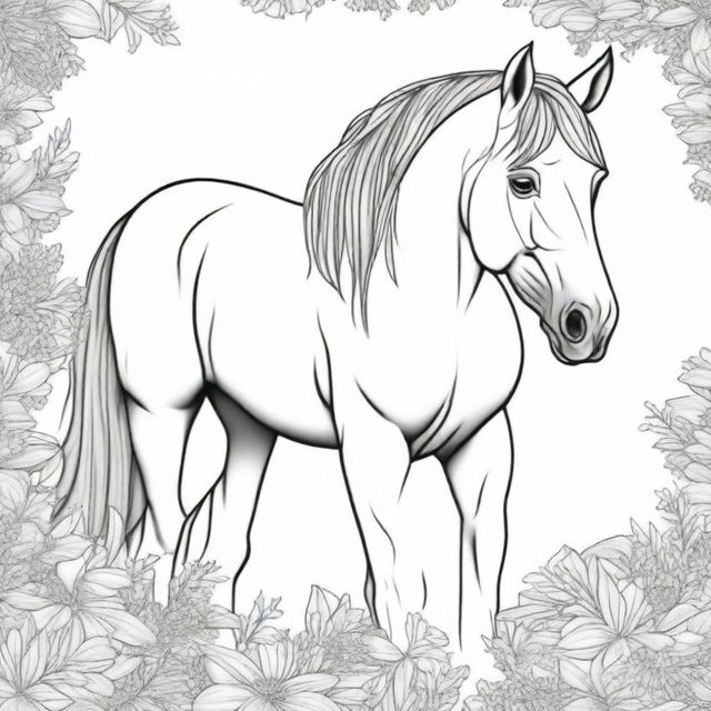 A detailed black and white illustration of a horse for a coloring book page