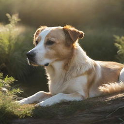 A photorealistic, mystical dog nestled in a serene natural landscape, bathed in the morning sunlight