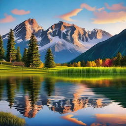 Generate a high-quality image featuring a serene landscape with mountains, a clear blue lake, and a colorful sunset