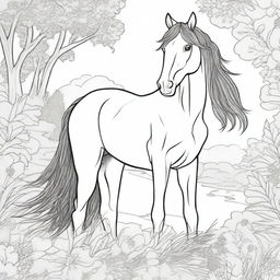 A detailed black and white illustration for a coloring book page, featuring a majestic horse standing in a field