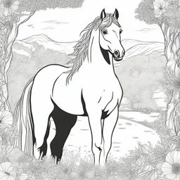 A detailed black and white illustration for a coloring book page, featuring a majestic horse standing in a field