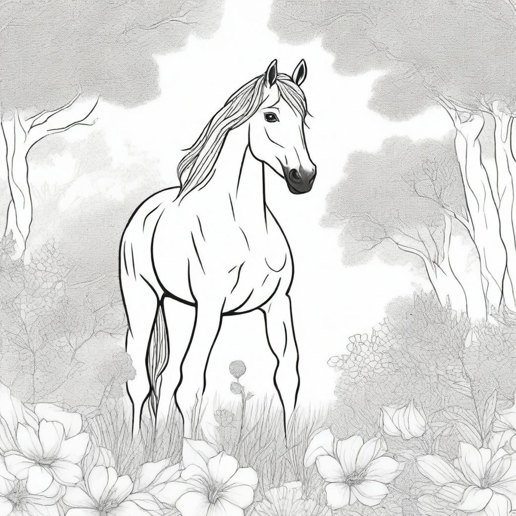 A detailed black and white illustration for a coloring book page, featuring a majestic horse standing in a field