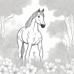 A detailed black and white illustration for a coloring book page, featuring a majestic horse standing in a field