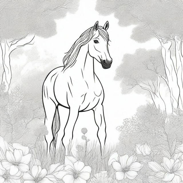 A detailed black and white illustration for a coloring book page, featuring a majestic horse standing in a field