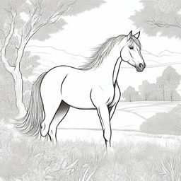 A detailed black and white illustration for a coloring book page, featuring a majestic horse standing in a field