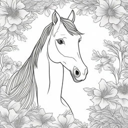 Create a detailed black and white illustration for a coloring book page, featuring a majestic horse in a natural setting