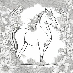 Create a detailed black and white illustration for a coloring book page, featuring a majestic horse in a natural setting