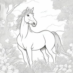 Create a detailed black and white illustration for a coloring book page, featuring a majestic horse in a natural setting