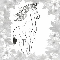 Create a detailed black and white illustration for a coloring book page, featuring a majestic horse in a natural setting