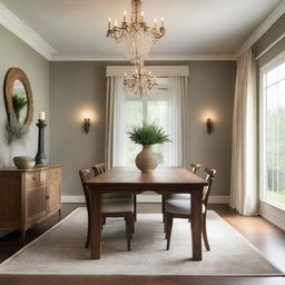 A cozy dining room with a large wooden table set for a meal