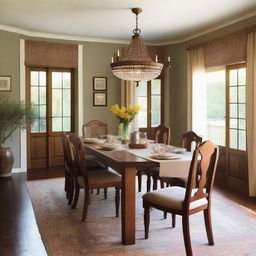 A cozy dining room with a large wooden table set for a meal