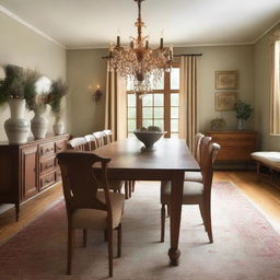 A cozy dining room with a large wooden table set for a meal