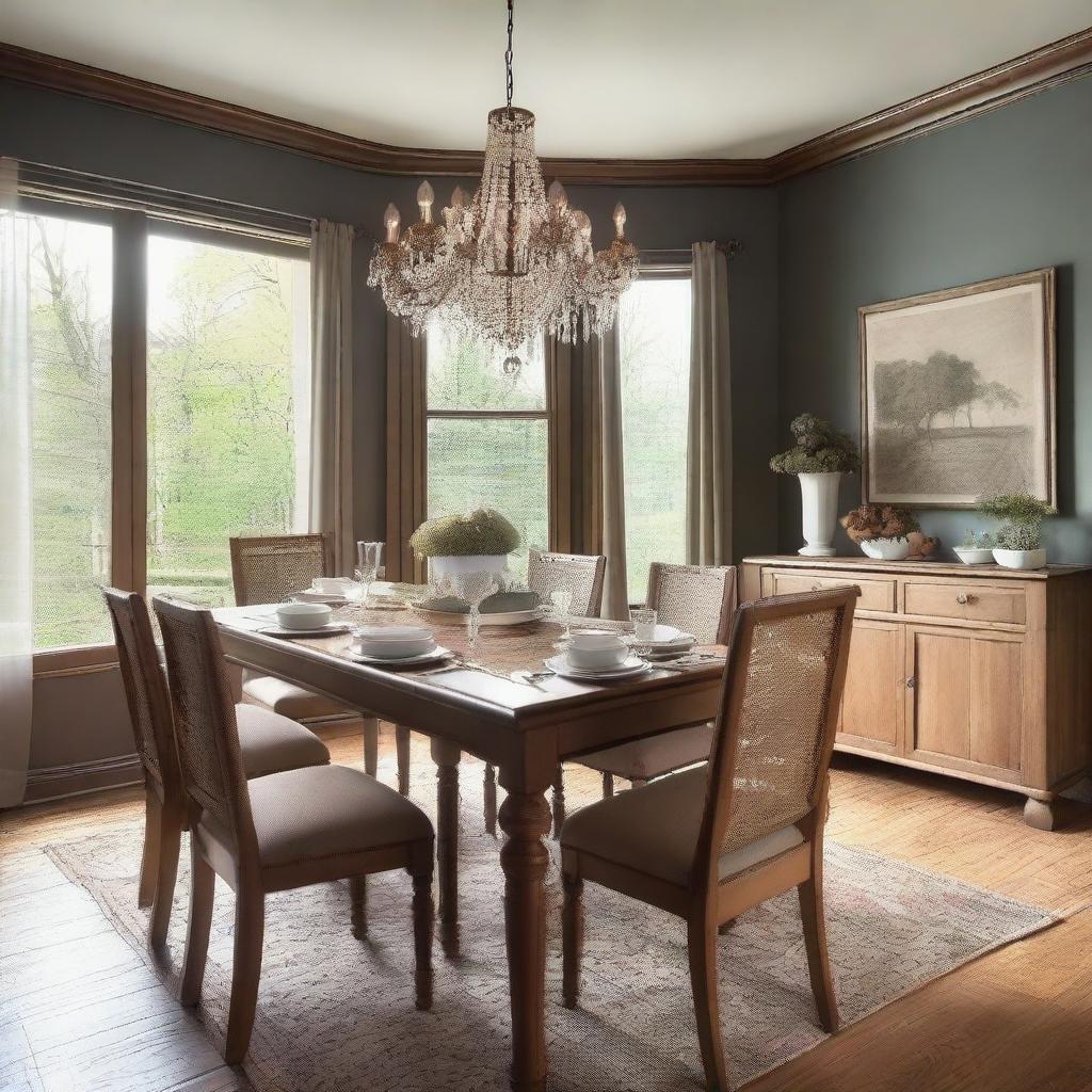 A cozy dining room with a large wooden table set for a meal