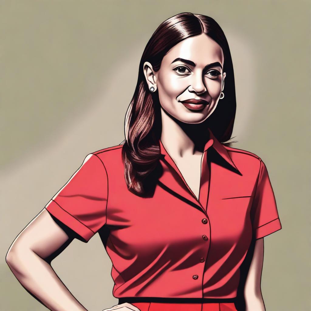 A detailed illustration of Alexandria Ocasio-Cortez wearing a red skirt