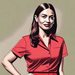 A detailed illustration of Alexandria Ocasio-Cortez wearing a red skirt
