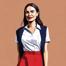A detailed illustration of Alexandria Ocasio-Cortez wearing a red skirt