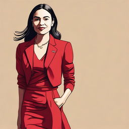 A detailed illustration of Alexandria Ocasio-Cortez wearing a red skirt