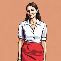 A detailed illustration of Alexandria Ocasio-Cortez wearing a red skirt