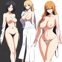 Create an image in the style of the Bleach anime featuring a sexy character with cleavage, slender legs, and big boobs