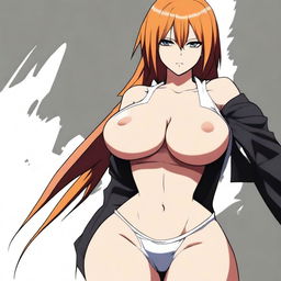 Create an image in the style of the Bleach anime featuring a sexy character with cleavage, slender legs, and big boobs