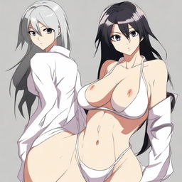 Create an image in the style of the Bleach anime featuring a sexy character with cleavage, slender legs, and big boobs