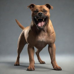 Render an image of the previously created dog, but now with an angry expression and ferocious stance.