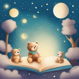 Create a bedtime story book cover featuring teddy bears, moons, stars, an hourglass, spaceships, forests, and sandy drifts