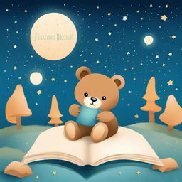 Create a bedtime story book cover featuring teddy bears, moons, stars, an hourglass, spaceships, forests, and sandy drifts