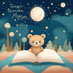 Create a bedtime story book cover featuring teddy bears, moons, stars, an hourglass, spaceships, forests, and sandy drifts