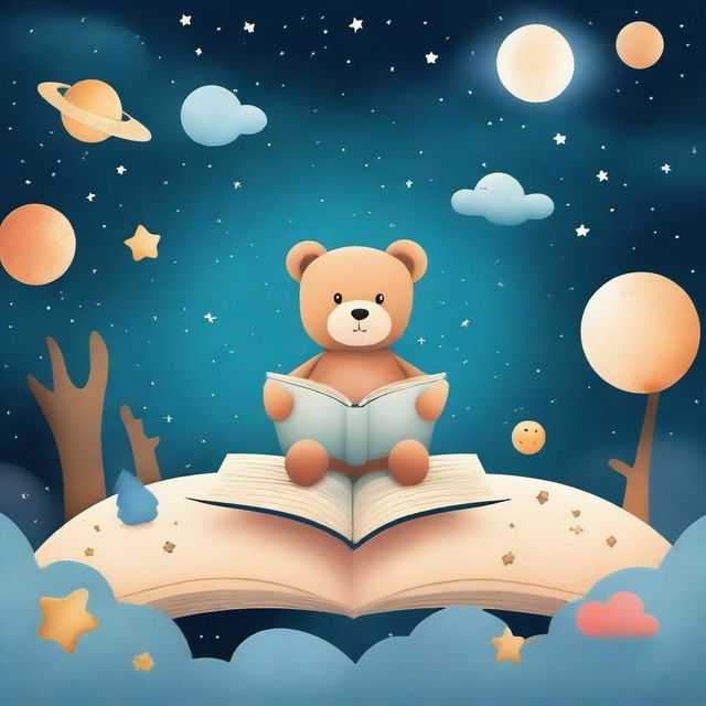 Create a bedtime story book cover featuring teddy bears, moons, stars, an hourglass, spaceships, forests, and sandy drifts