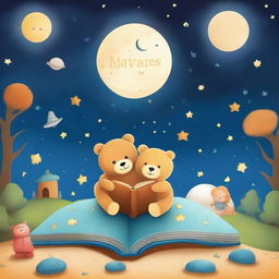 Create a bedtime story book cover featuring teddy bears, moons, stars, an hourglass, spaceships, forests, sandy drifts, and children sleeping