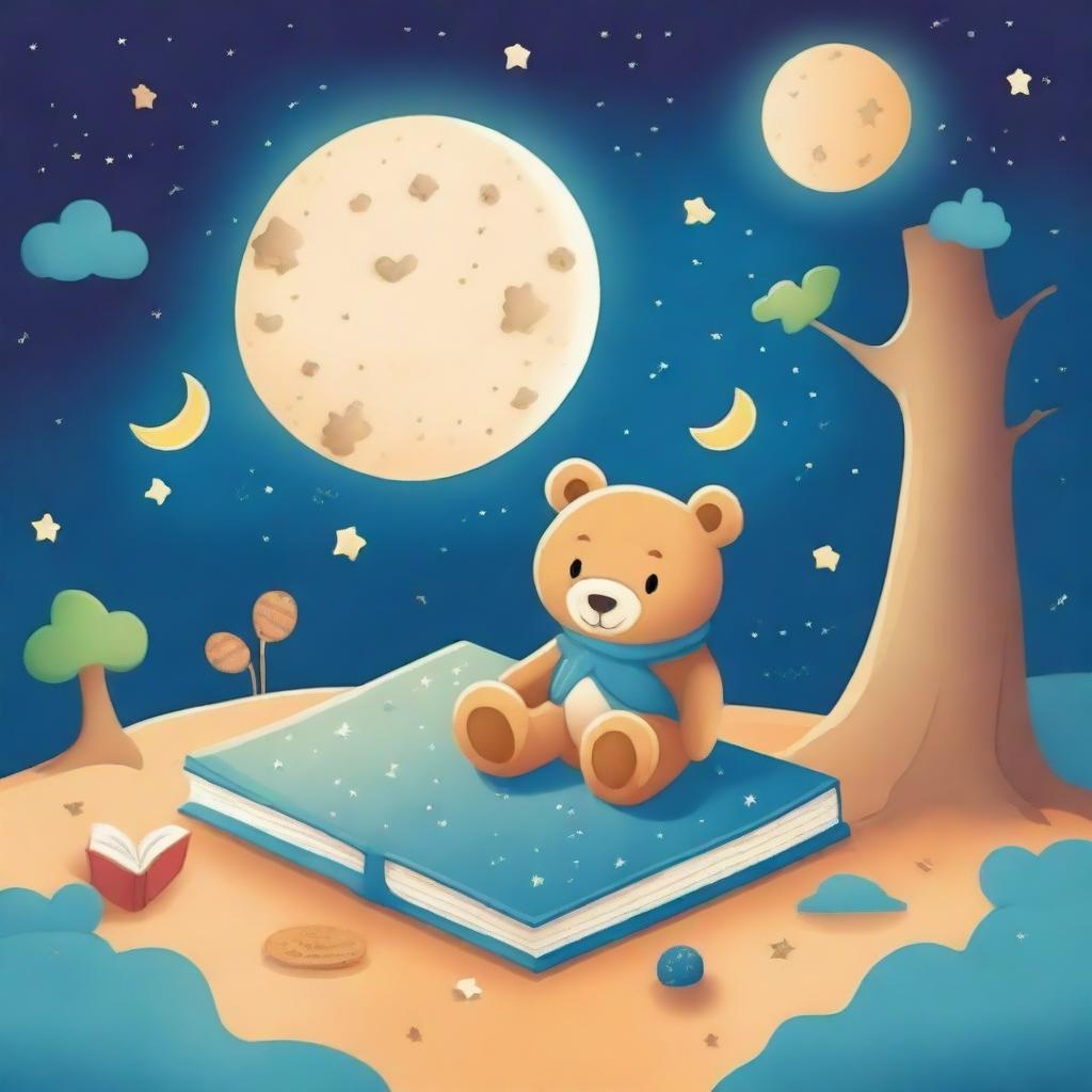 Create a bedtime story book cover featuring teddy bears, moons, stars, an hourglass, spaceships, forests, sandy drifts, and children sleeping